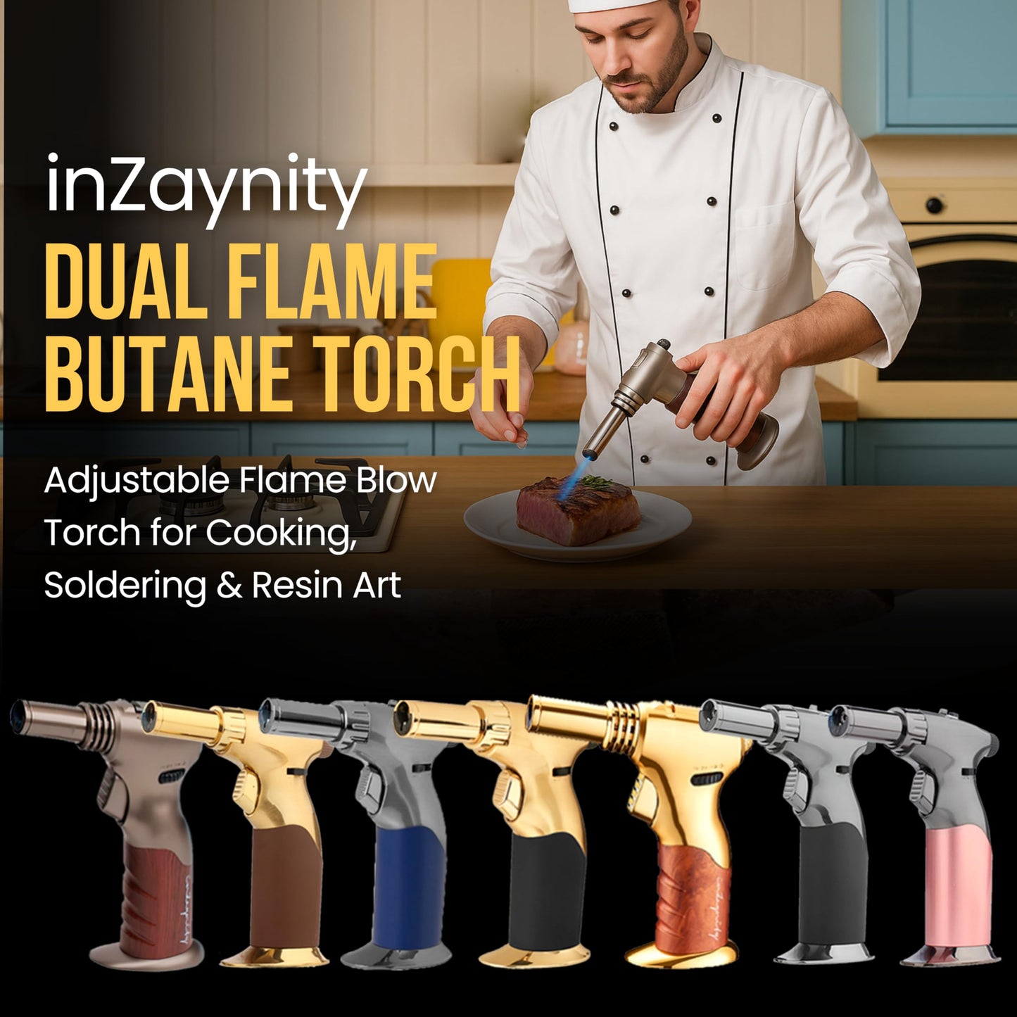 Dual Flame Butane Torch - Refillable Handheld Blow Torch for Cooking, Soldering, & Resin Art w/Adjustable Flame & Ignition Lock - Kitchen Blow Torch & Luxurious Gift Box by inZaynity - Brown Steel