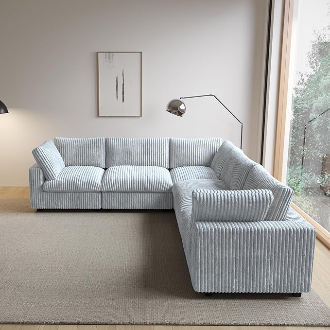 WJShome Modular Sectional Sofa/ 118inch Cloud Couches for Living Room/Soft Faux Rabbit Fur V Shaped Couch with Chaise,5 Seater Wide Convertible Sofa,Covers Washable&Replaceable,Grey