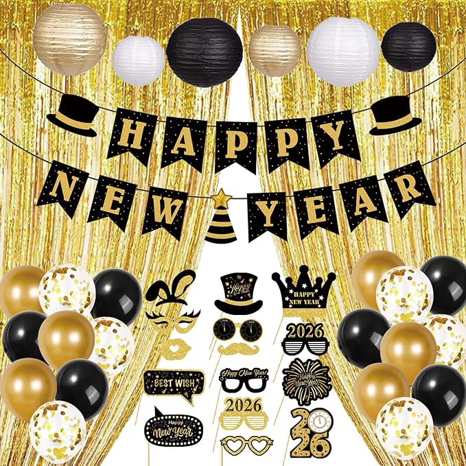 New Years Decorations 2026 – Gold Black White Happy New Year Decorations Kit with Banner, Balloons, Fringe Curtains, Lante...