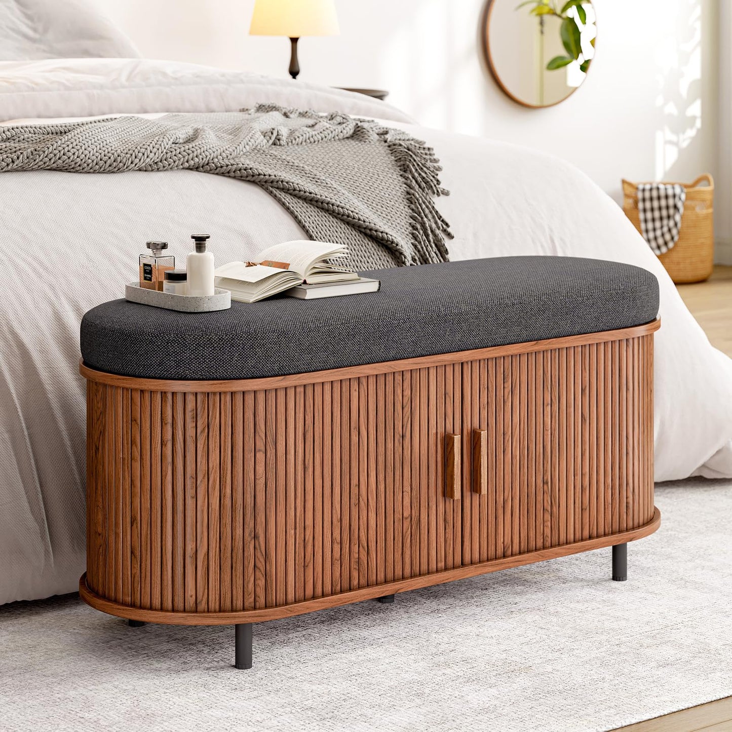 ONBRILL 43" Bench with Shoe Storage, Fluted Entryway Shoe Bench with Storage, with Cushion, Sliding Door and Adjustable Shelf, for Entryway, Hallway, Living Room, Walnut