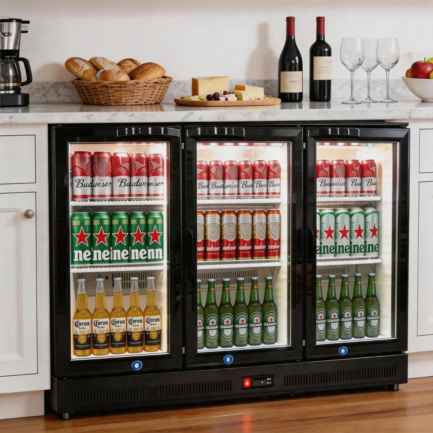 NAFCOOL Back Bar Cooler Under Counter Beverage Refrigerator, 13 Cu Ft Undercounter Fridge,3 Door 53.5 inch Commercial Beer Built-In Cooler with LED Light Adjustable Shelves Safety Locks,ETL Approval
