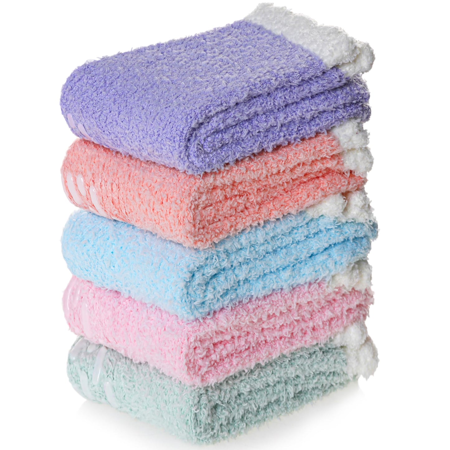 MQELONG Non Slip Hospital Socks with Grips for Women Winter Warm Cozy Fuzzy Slipper Soft Fluffy Sleep Socks (5 Pairs Light Colour Patchwork)
