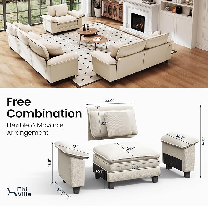 PHI VILLA Cloud Modular Couches Sets, 3 Pieces Large Sectional Sofa Set with Loveseats & Single Sofa, 6-Seater Upholstered Couch for Living Room, Chenille Fabric, Beige