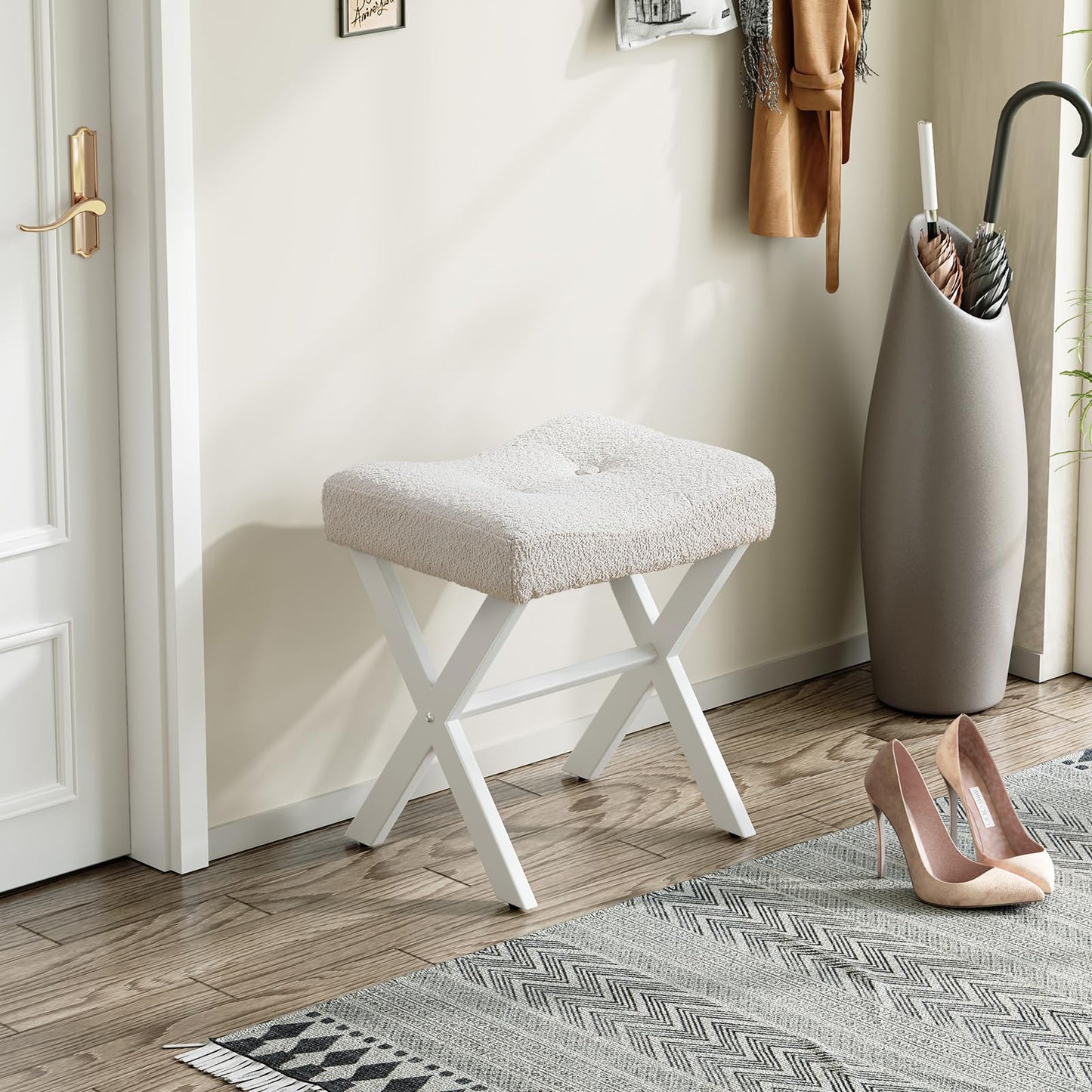 Memobarco 18-Inch Vanity Stool Chair, Vanity Bench with Metal X-Legs, Ottoman Foot Stool with Breathable and Soft Boucle Fabric Saddle Seat, White