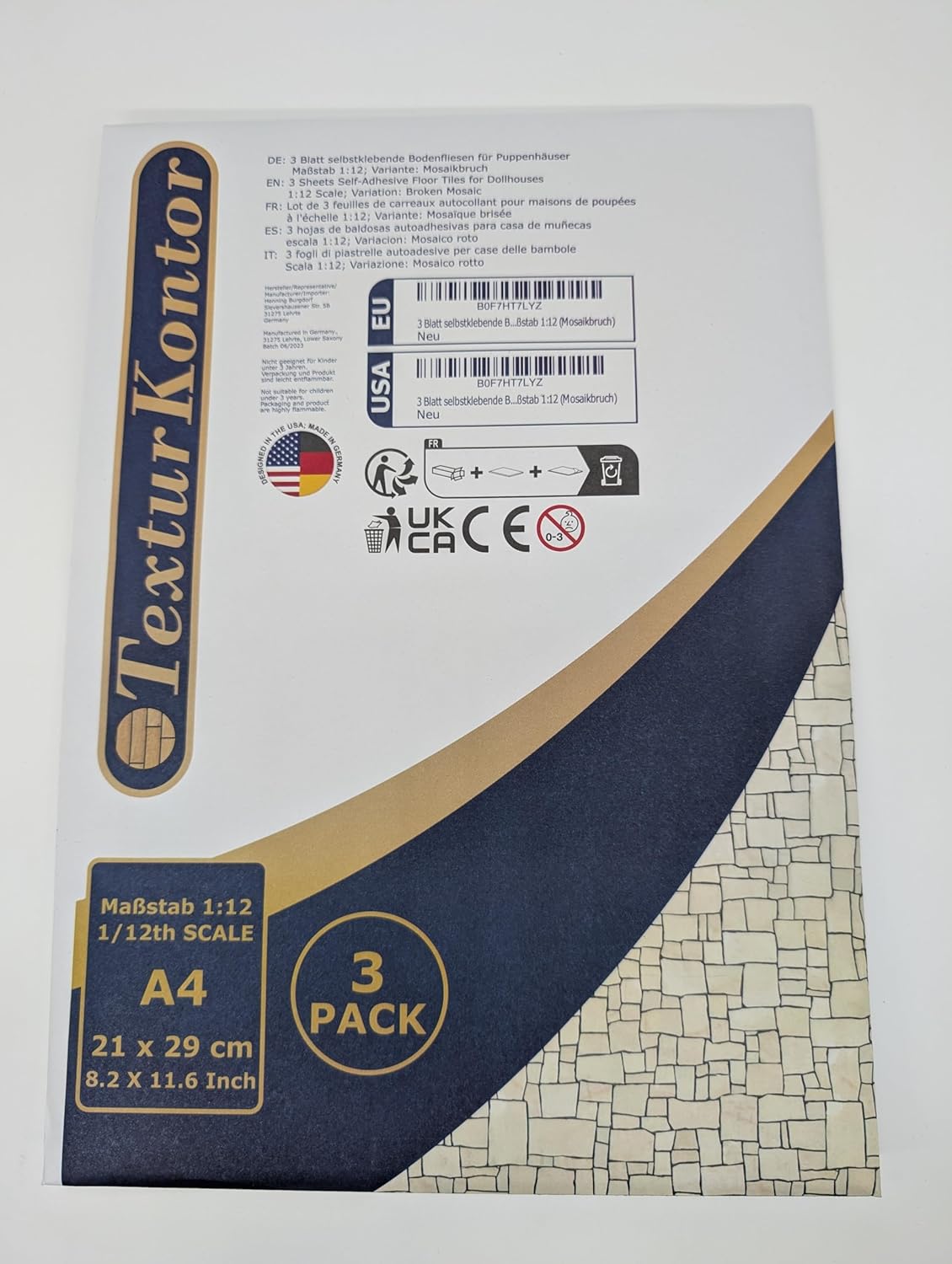 3 Sheets Self-Adhesive Decorative Film Paving Stones and Surfaces for Model Making in Scale 1:87 Scale H0 (UK: 3.5 mm Scale) (Broken Mosaik)