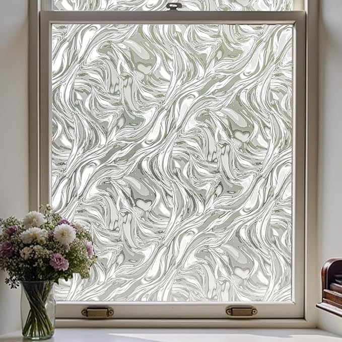 Window Privacy Film, Removable Static Cling, Stained Glass Decorative Window Film, Vinyl Covering for Home Kitchen Living Room, Ocean Current, 17.3" x 78.7"