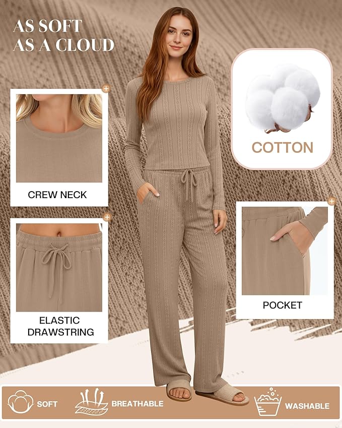 Evervibe Women's 2 Piece Lounge Set Long Sleeve Crew Neck Top Drawstring Wide Leg Pants Casual Tracksuit Matching Set