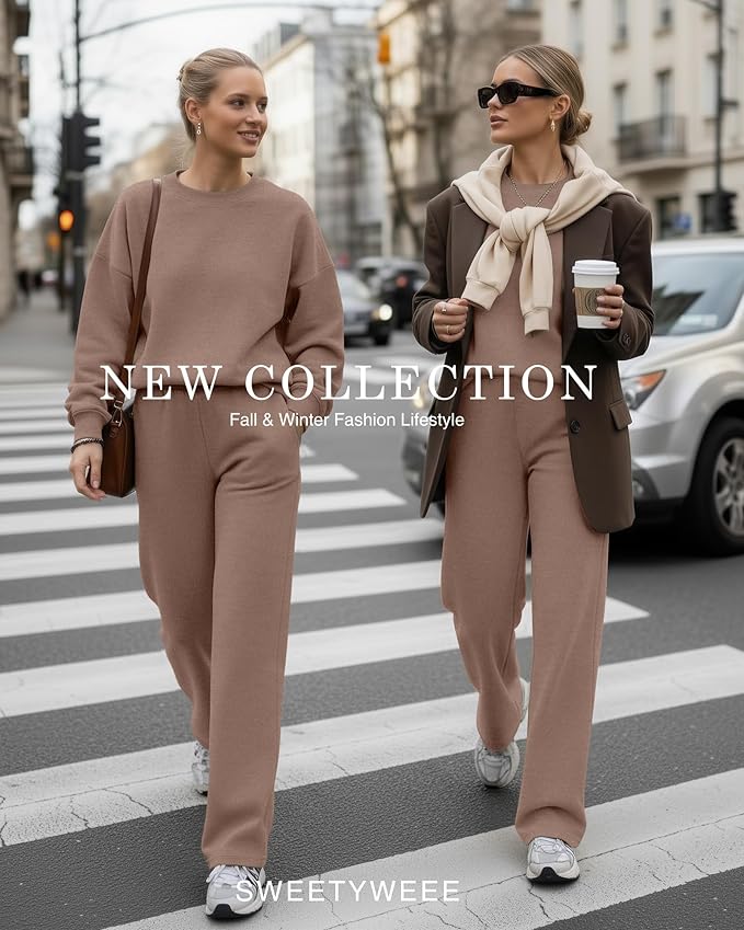Sweetyweee Women's 2 Piece Outfits Set Fleece Lined Lounge Sweatsuit Crewneck Pullover Top Wide Leg Pants Casual Tracksuit