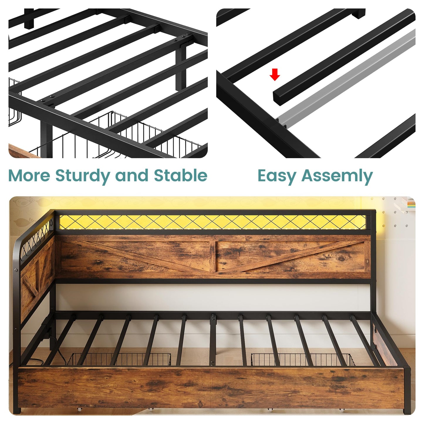 ANCTOR Twin Daybed with Storage Drawers, Corner Bed Frame with LED Lights and Charging Station for Living Room, Bedroom and Guest Room, Industrial Brown