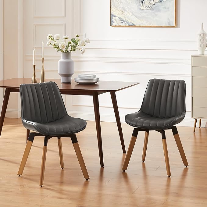 Art Leon Dining Chairs Set of 4, Mid Century Modern Swivel Kitchen Dining Room Chairs, Upholstered Faux Leather Armless Side Chairs with Wood Legs for Living Room Bedroom, Dark Gray