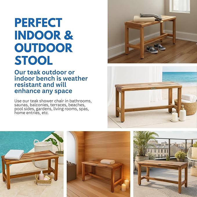 EcoDecors Eleganto 35 Inch Natural Color Waterproof Teak Wood Shower Bench Stool Seat Chair For Inside Shower Provides Safety, Storage, and Organization For Bathroom Accessories