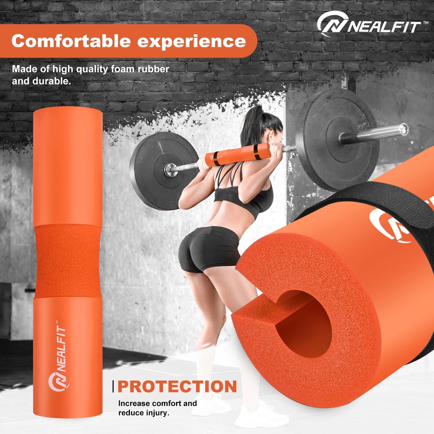 NEALFIT Barbell Pad Squat Pad for Squats—Squat Bar Pad—Great for Weightlifting,Lunges and Hip Thrusts—Foam Sponge Pad—Fit Standard and Olympic Bars Perfectly (Orange)