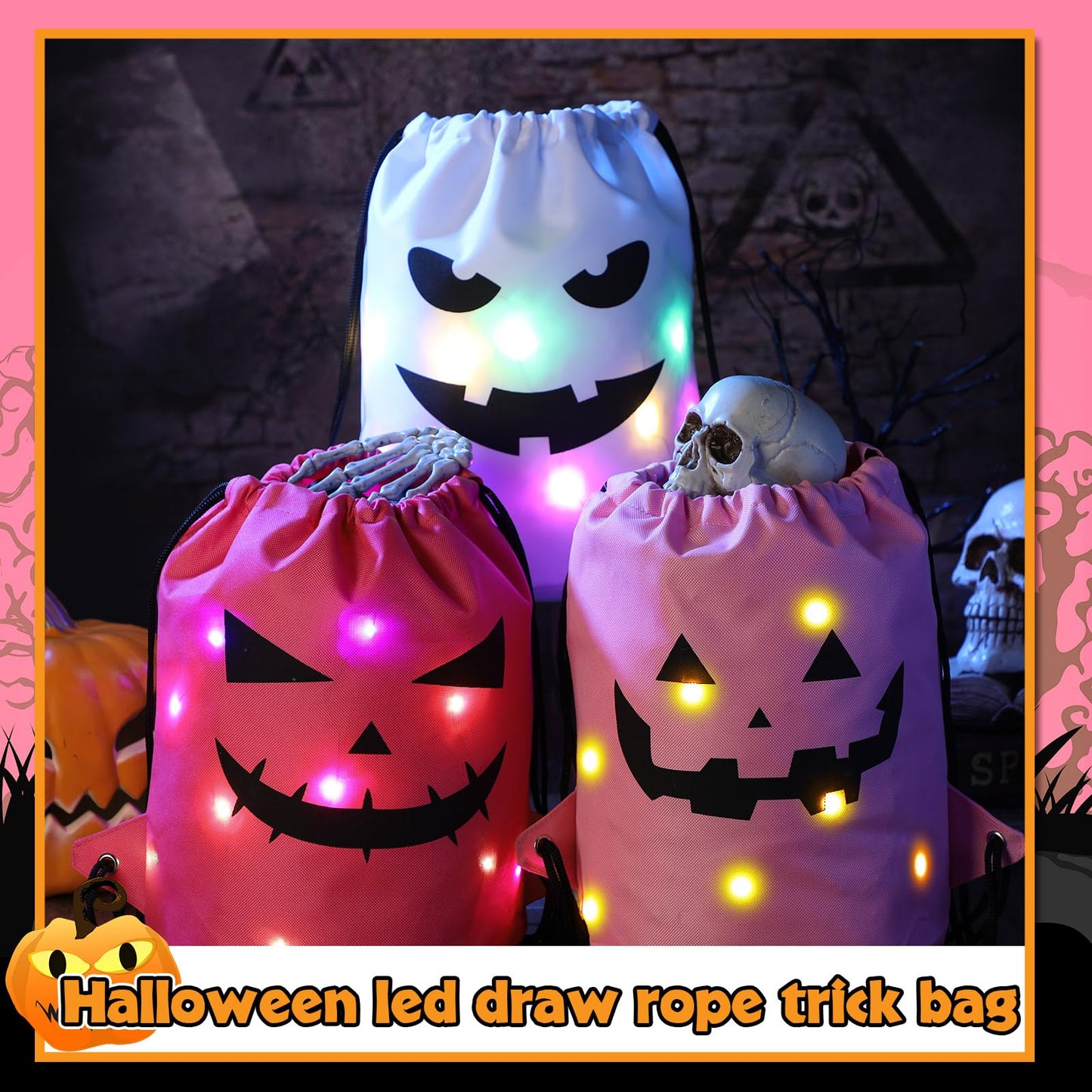 Talltalk 3 Pcs Halloween Light up Bucket LED Treat Drawstring Bags Multipurpose Reusable Pumpkin Candy Goodies Bucket for Kids Halloween Supplies Favors(White, Pink, Dark Pink)