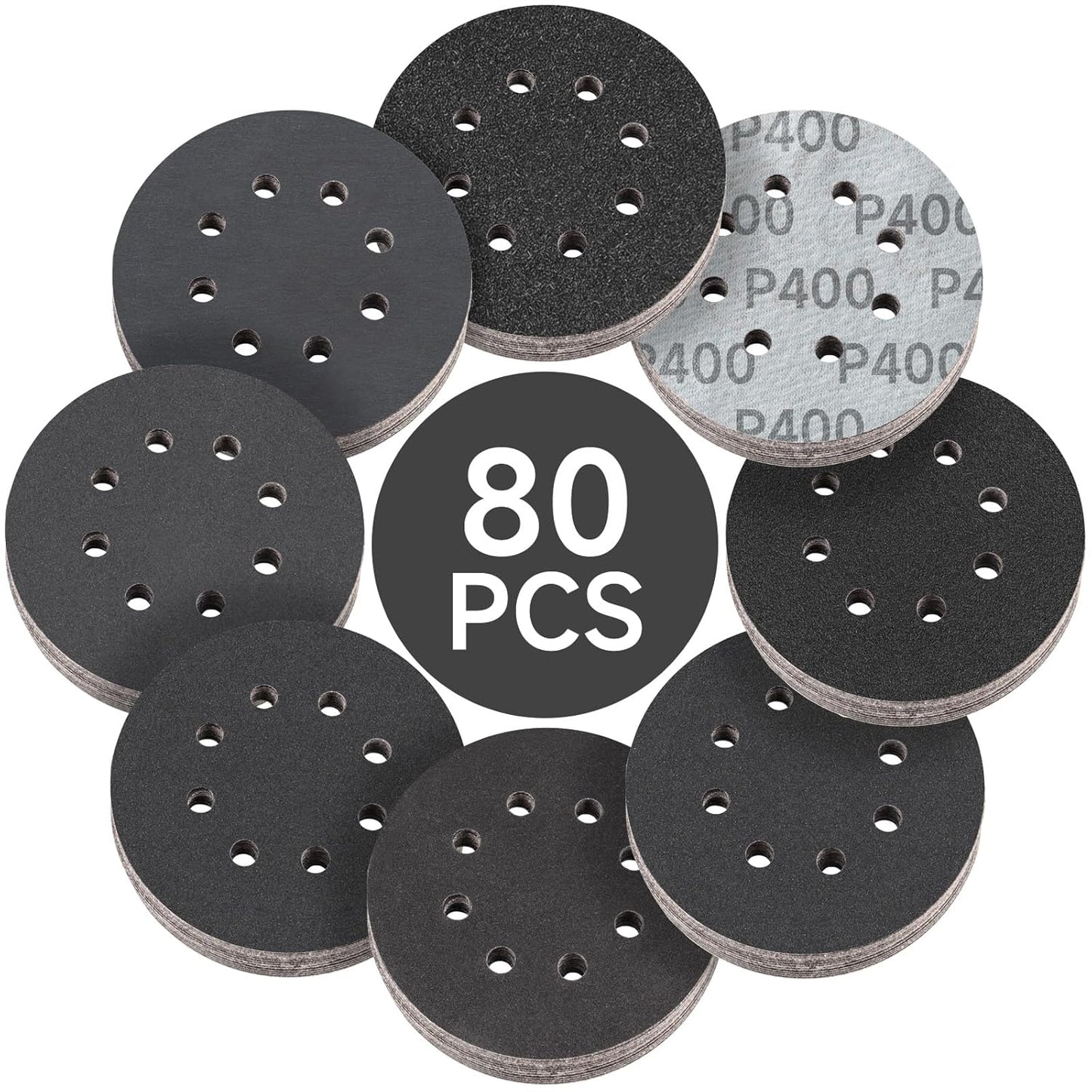 80PCS 5 inch Wet Dry Sanding Discs, Silicon Carbide Orbital Sander Hook and Loop Sandpaper 320 400 600 800 1000 1200 1500 2000 Grit, Best for Metal, Automotive Sanding