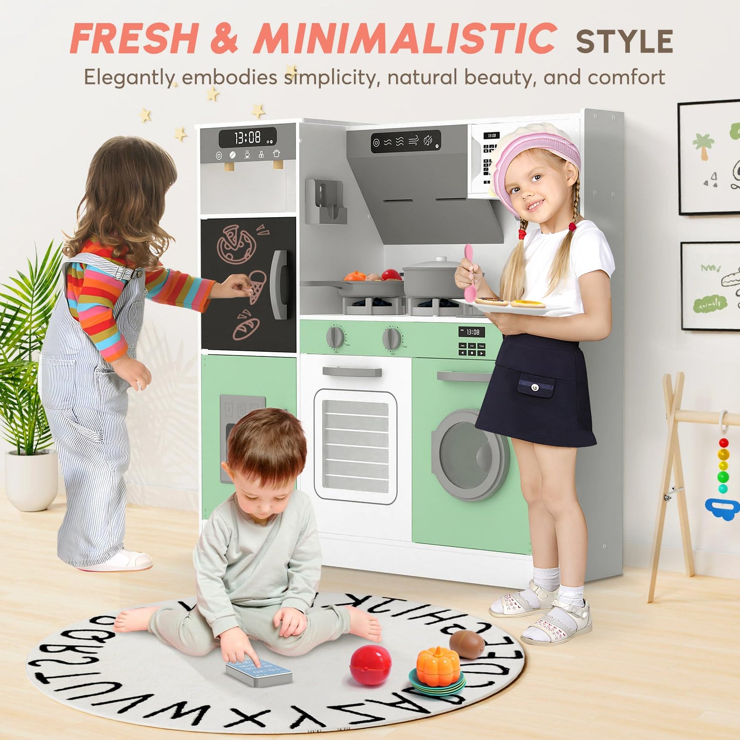 BIERUM Play Kitchen with Realistic Lights & Sounds, Wooden Kitchen Playset with 28 Pcs Toy Food & Cookware Accessories, Toy Kitchen with Plenty of Play Features, Idea Gift for Boys and Girls Ages 3+