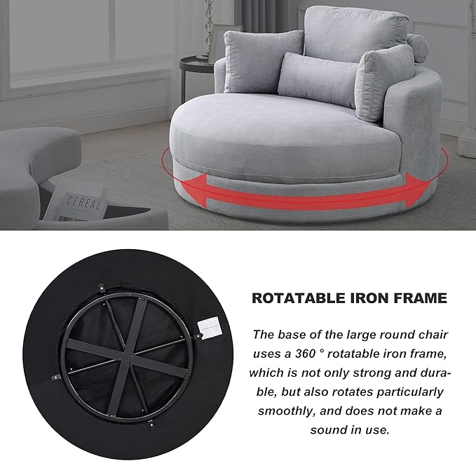 Yoglad Modern Swivel Accent Round Chair, Barrel Sofa with Storage Ottoman, Oversize Lounge Chair, Linen Fabric Round Chair with Pillows, for Living Room, Office (Light Grey, 51")