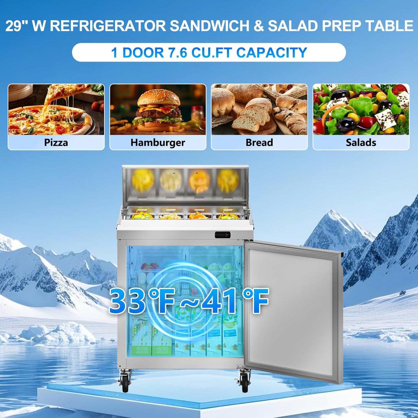 Rockitch 29" W Commercial Sandwich Salad Prep Table Refrigerator, 7.6 Cu.ft Single Door Stainless Steel Commercial Kitchen Refrigerated Equipment with 8 Pans for Restaurant, Bar, Shop, etc.