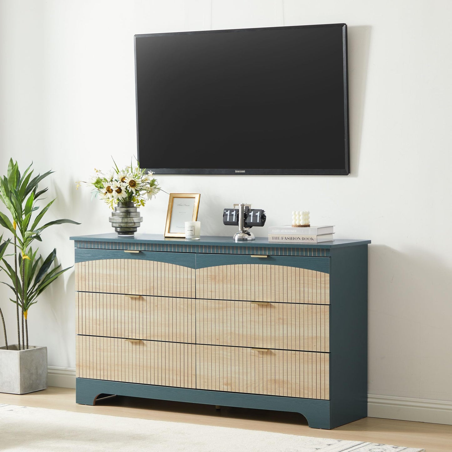 Janmer Home Fluted 6 Drawers Dresser for Bedroom, Mid Century Modern Dresser for Closet & Chest of Drawers, 54 Inch Wood Large Drawer TV Stand for Living Room (Teal, 6 Drawer)