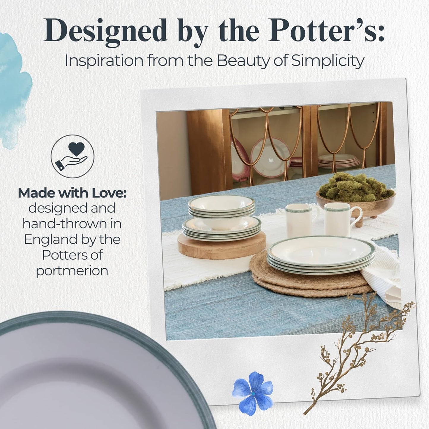 Portmeirion Potter's Brushstroke Dinner Plate (Set of 4) - 8" Earthenware Plates with Classic Brushstroke Rim - Microwave, Dishwasher, Freezer, Oven Safe - Ideal Modern Dinnerware Set (Green)