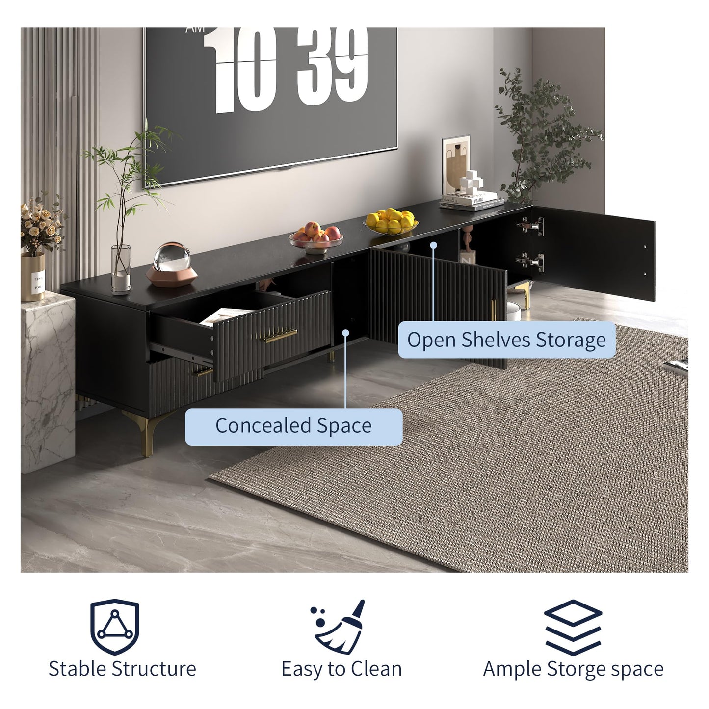 NKISHECK 70" Fluted TV Stand for TVs Up to 80", Modern Entertainment Center with Storage, Media Console for Living Room Bedroom, TV Console（Black）