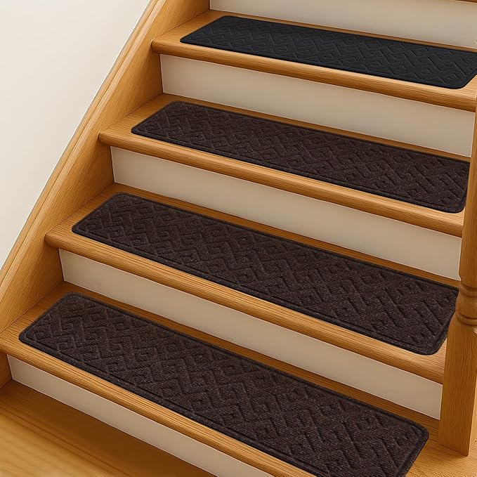 Stair Treads for Wooden Steps, 8" X 30" Non Slip Stair Runner Carpet Indoor with Reusable Adhesive Backing, Soft Tread Mat for Stairs, Ideal for Home, Polyester TPR Backing Stair Rugs-Brown 15 Pack
