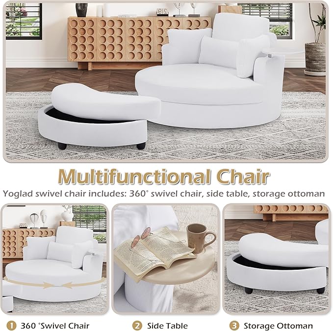 Yoglad Oversized Round Swivel Accent Chair - 360 Degree Chairs with Ottoman Armrest Tray Ideal for Living Room, Bedroom(Corduroy White)