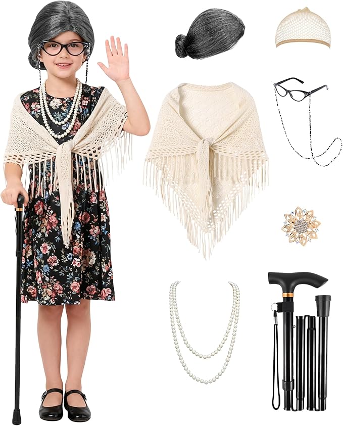 WooHand 100 Days of School Costume for Girls Old Lady Costume for Kids 100th Day of School Dress Up Grandma Outfit for Kids