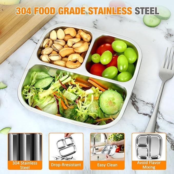 RAOOKIF 2 Pack Stainless Steel Snack Containers With Lids, 3 Compartment Leak-proof Food Storage Containers, 20 oz Reusable Grab and Go Snack Box for School, Home, Office, and Camping, Dishwasher-Safe
