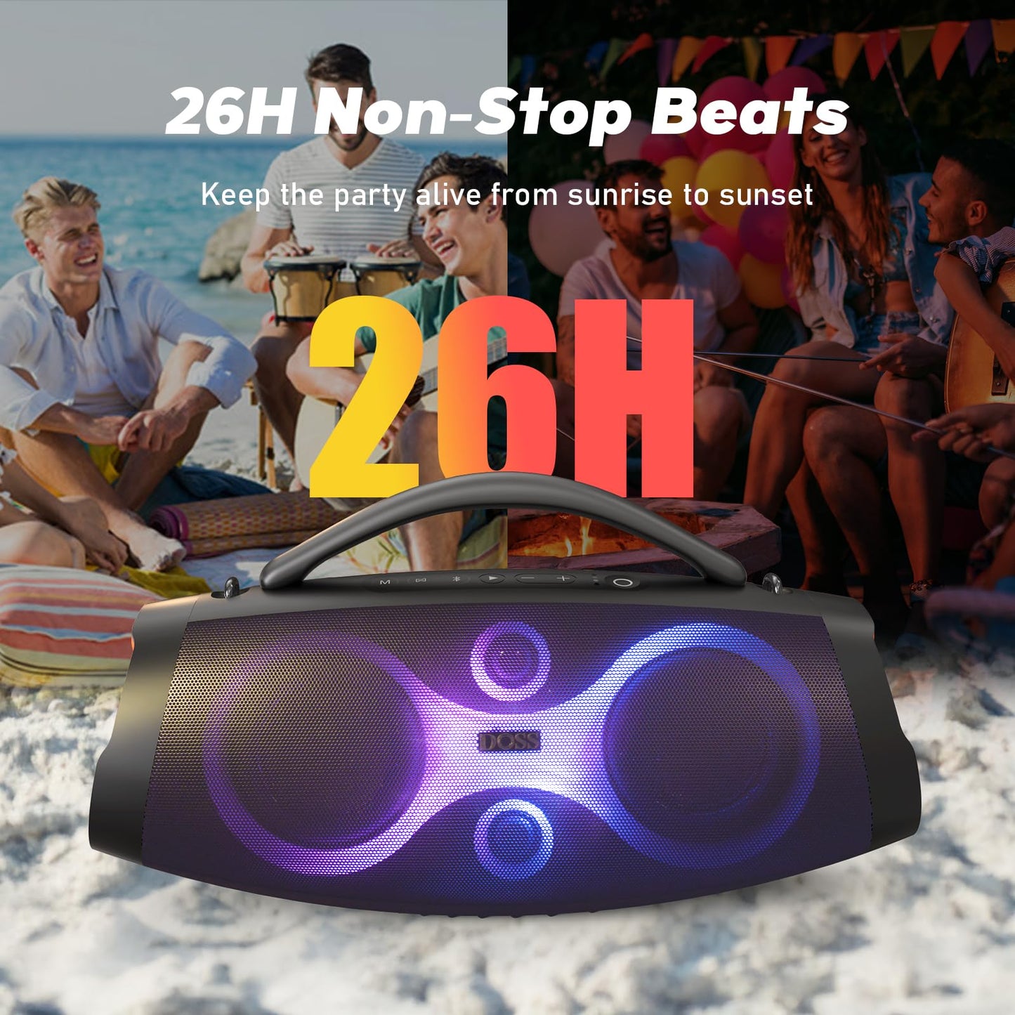 Doss Extreme Boom Pro D200 240W Peak Outdoor Speaker, Punchy Bass, 26H Playtime, Beat-Synced Light, Bt5.4, Stereo Pairing, Ipx6