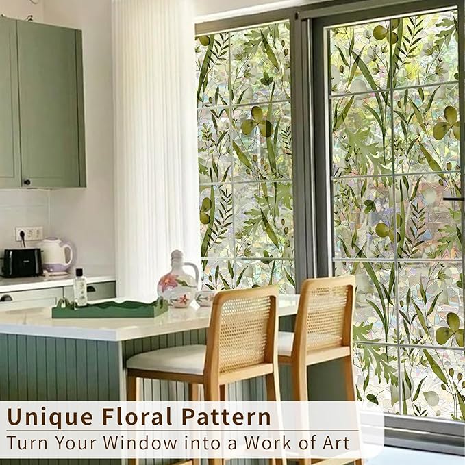 Rainbow Watercolor Green Leaves Window Film, Privacy Iridescent Static Cling Double-Sided Decals for Window Door Glass Decor, Herbs, 118.11" x 16.93"