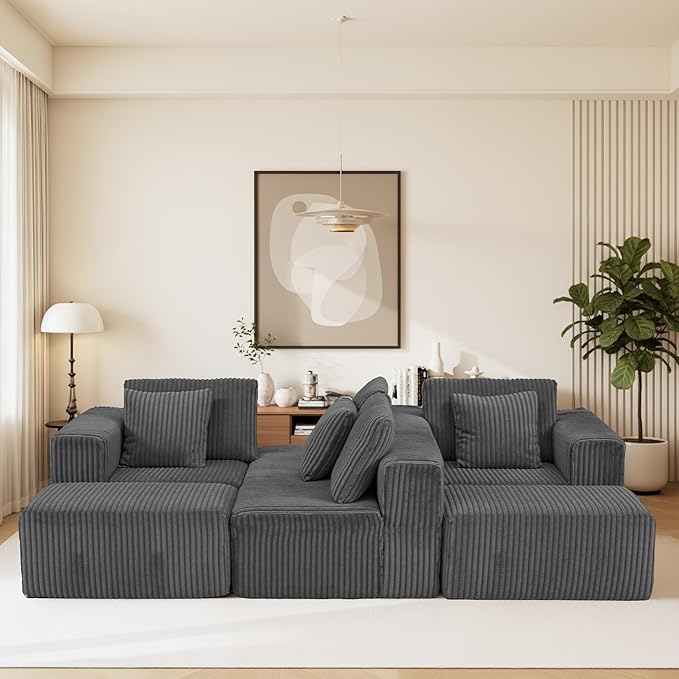 SEENYOO 132" U Shaped Modular Sofa, 4-Seater Sectional Cloud Couch with Chaise, Soft Corduroy Boneless for Living Room, No Assembly Required, Free Configuration,Grey