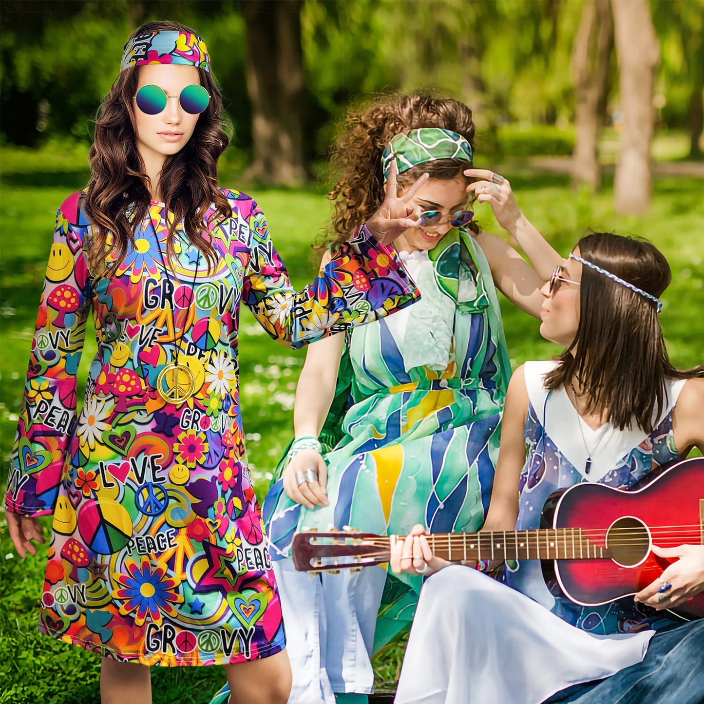 MRYUWB 70s Hippie Dress Costumes Necklace Earrings Sunglass Women Disco Outfit, 60s Party Costume, Halloween Retro Dresses (Love and Peace, XL)