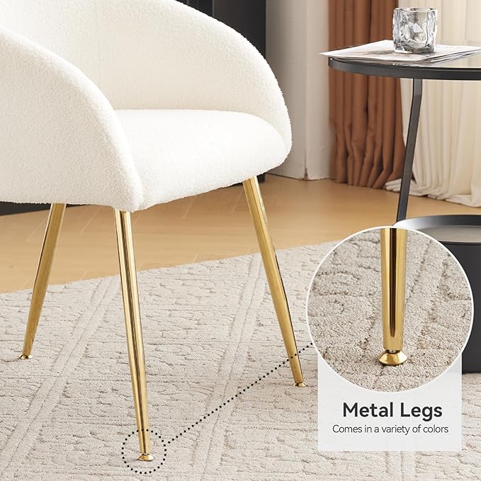 YDcosyfy Modern Small Accent Chair Set of 4, Comfy Sherpa Makeup Vanity Chair with Golden Metal Legs, Decorative Dining Chair no Wheels for Living Room, Dressing Room, Bedroom, White