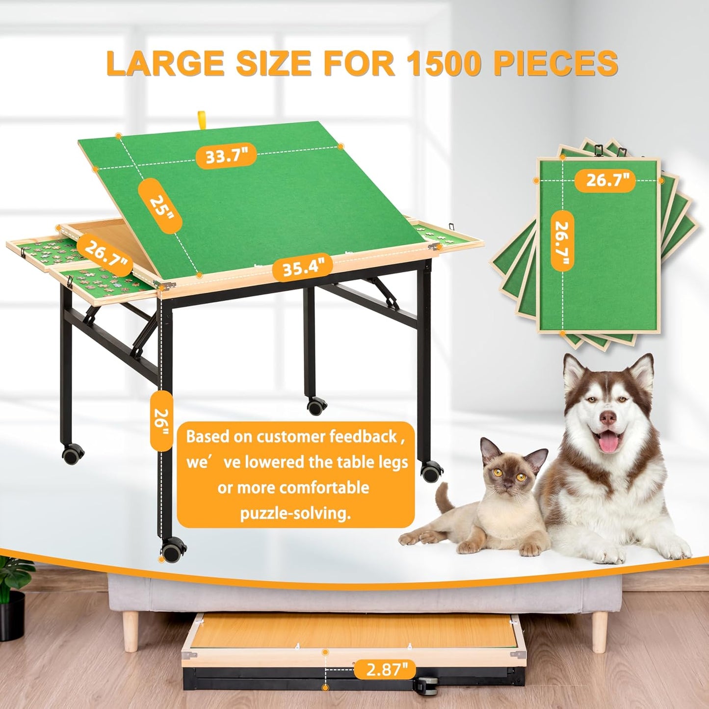 Puzzle Table and Board with 4 Drawers - Adjustable Tilting Angle, Wheels & No Assembly Folding Legs for 1500 Piece Jigsaw Puzzles - Wooden Cover Protection for Adults, Moms & Crafters