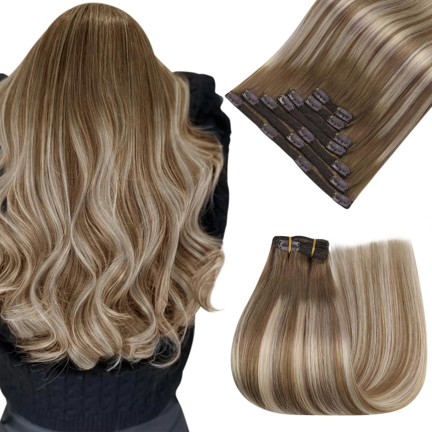 Easyouth Balayage Clip-in Hair Extensions, 16 Inch 120G, Real Human Hair, Golden Brown Ombre with Platinum Blonde Highlights, 7 Pieces