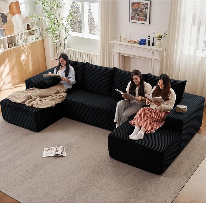 Sectional Cloud Couch for Living Room, Modular Floor Deep-Seat Sofa, Big Comfy Corduroy Couches Set with Fluffy Memory Foam, Stupendous U Shaped Sofas, No Assembly Required, Black