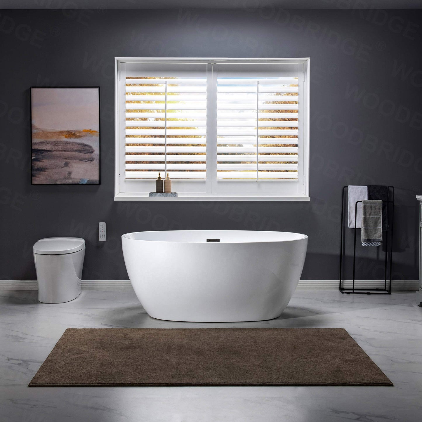 WOODBRIDGE 55" Acrylic Freestanding Bathtub Contemporary Soaking White Tub with Matte Black Overflow and Drain,B1418 -MB-Drain &O