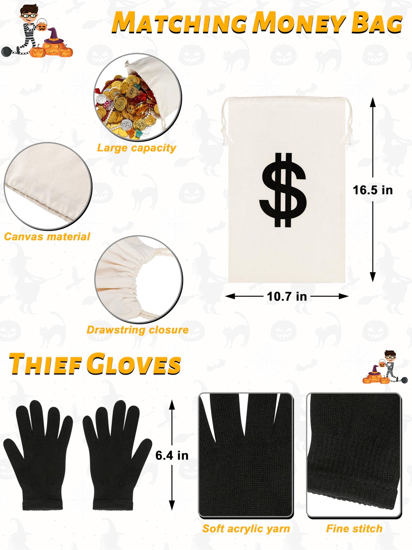 QZYL Robber Costume Set, XL Unisex Thief Cosplay T Shirt Beanie Cap Gloves Eye Masks Money Bags for Halloween