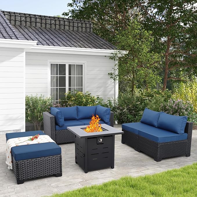 Lviden 7 Pieces Outdoor PE Wicker Furniture Set Patio Rattan Sectional Conversation Sofa Set with Navy Blue Cushions and Fire Pit Table