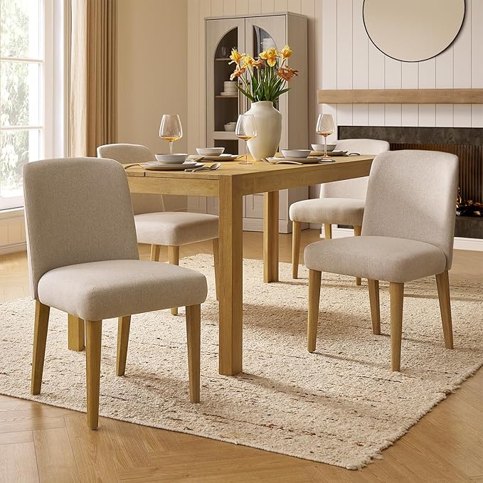 mopio Logan Upholstered Beige Parson Dining Chair Set of 2, Modern Farmhouse Solid Light Oak Wood with Ergonomic Curved Back Rest for Dining Room and Kitchen