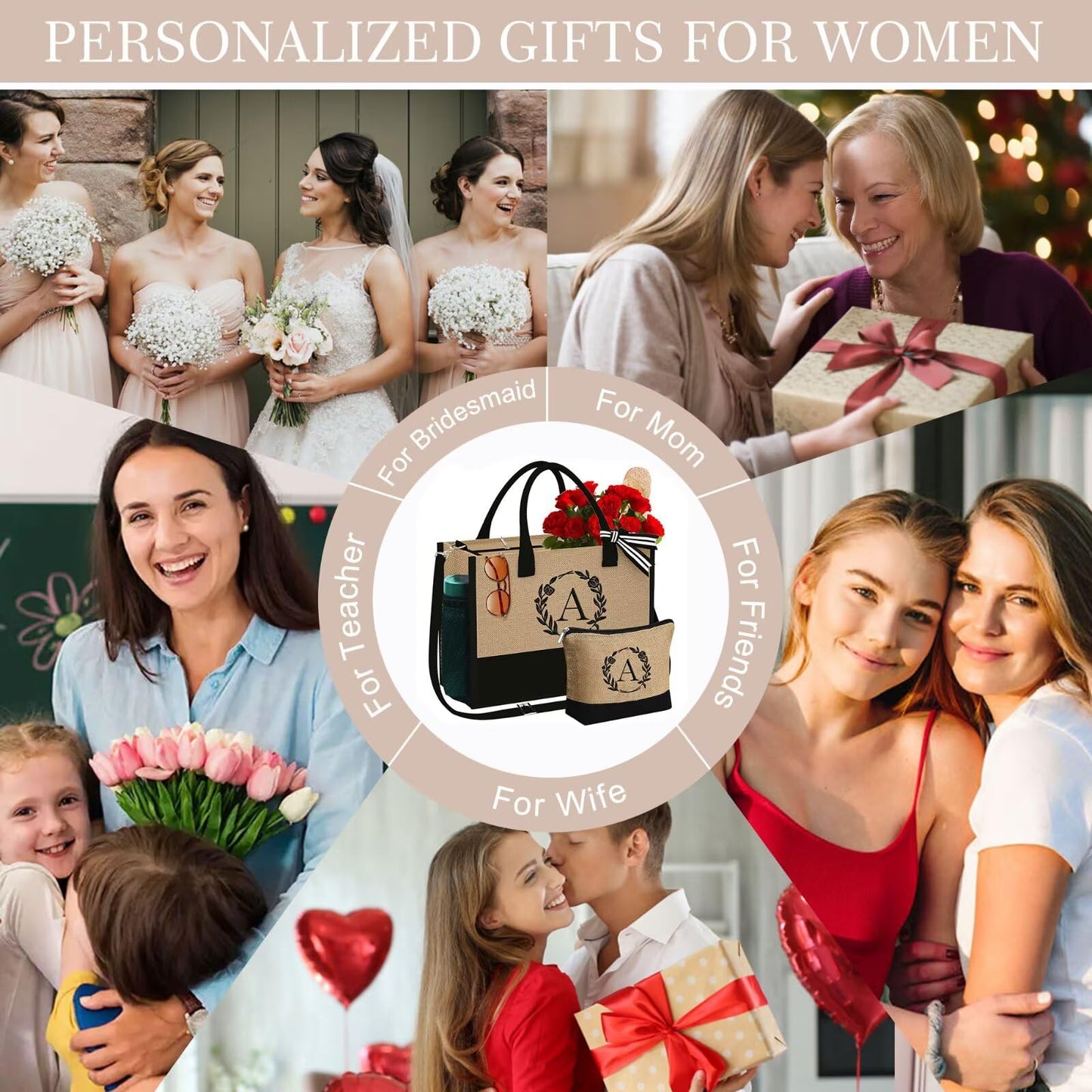 YOOLIFE Birthday Gifts for Women, Gifts for Mom Sister Teacher, Personalized Gift for Women, Friend Teacher Wife Mom Gift, M Initial Tote Bag