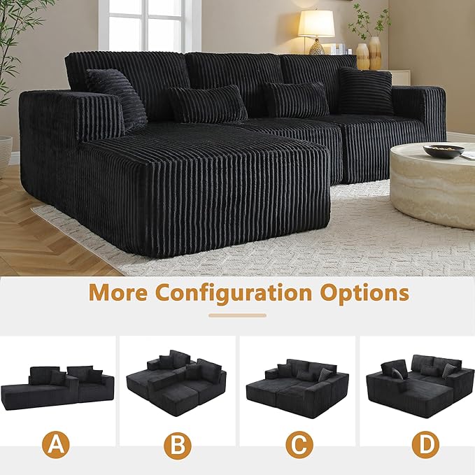 110" Cloud Sectional Couch, Modular Sectional Sofa with Deep Seat, Corduroy Upholstered Boneless Couch for Living Room Bedroom, Left Facing Chaise (Black, 110" Left Facing Chaise)