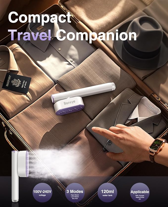 Negative Lons Series Steamer for Clothes, Large Panel 0.5s Wrinkles Removal, 3 Modes Steamer ＆ Iron Dual Voltage Handheld Portable Travel Garment Steamers for Home, Global ＆ Europe Traveling