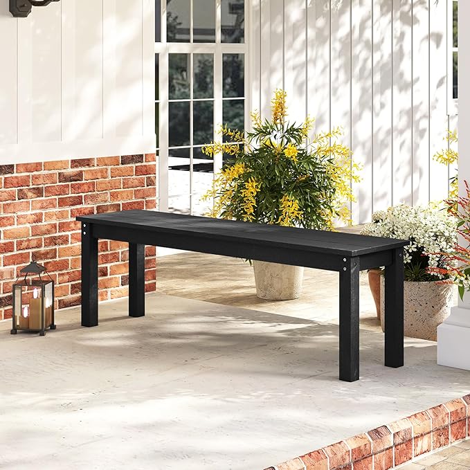 Tangkula HDPE Outdoor Bench, 2-3 Person Patio Bench, 55" Backless Garden Dining Bench with Slatted Seat, Weatherproof Park Bench for Entryway, Porch, Lawn & Backyard (Black,1)