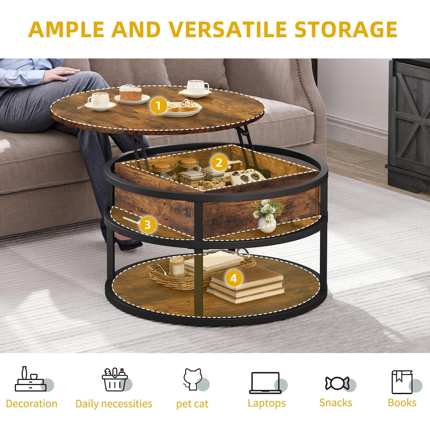 DWVO Round Lift Top Coffee Tables for Living Room, Circle Coffee Table with Storage & Hidden Compartment, Farmhouse Wood Coffee Tables with Lifting up Living Room for Home Office Samll Table, Brown