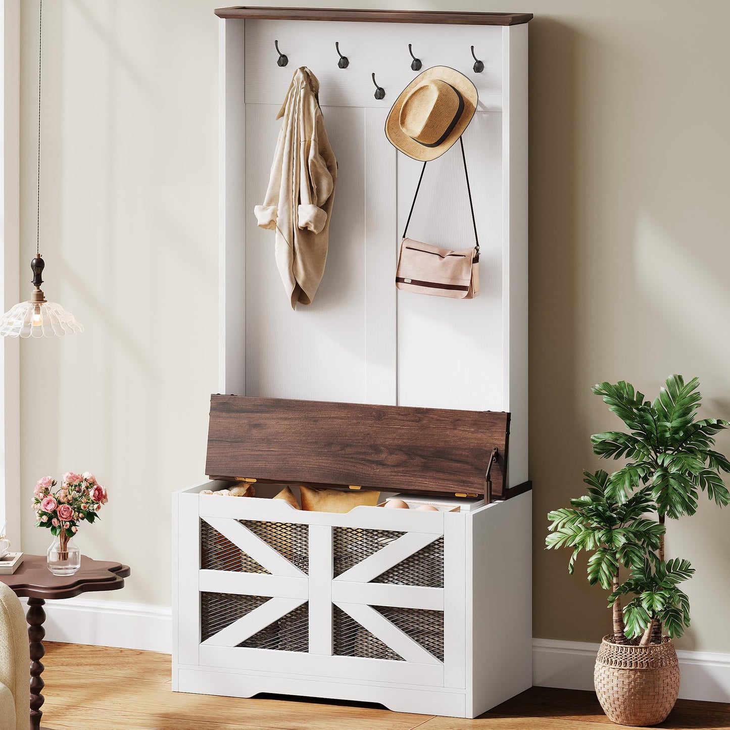 YITAHOME Hall Tree with Bench and Shoe Storage, Mudroom Storage Coat Rack Hallway Tree with 7 Hooks, Farmhouse Wood Shoe Bench for Entryway & Mudroom, Walnut & Off-White