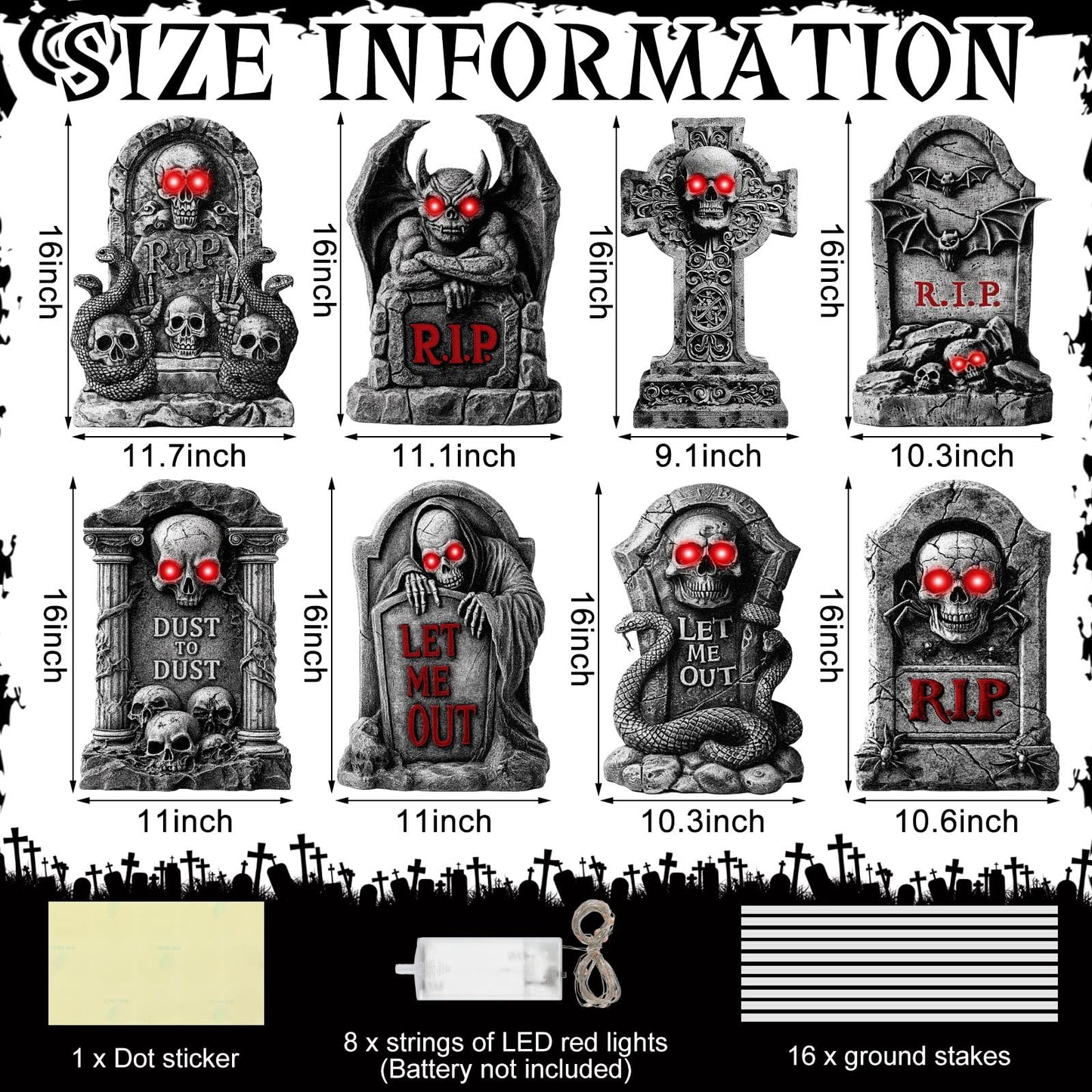 Memorywuu 8 Pcs 16" Halloween Tombstones Outdoor Decorations Gravestone Headstone Yard Signs with Stakes LED Eyes Scary Skeleton RIP Graveyard Cemetery Decor for Halloween Home Party Lawn Garden
