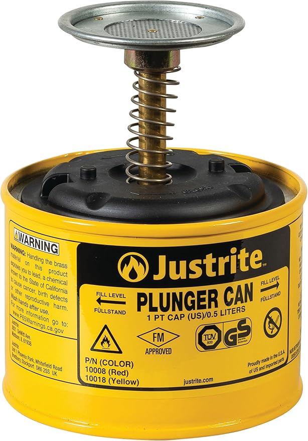 Justrite Plunger Can for Solvents, 1 Pint Capacity, 5.25" x 4.9" Steel Push-Down Solvent Dispenser Can, Made in The USA Industrial Mechanic Tools, Yellow, 10018