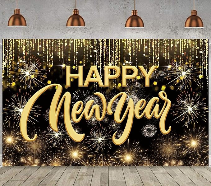 Happy New Year Hanging Extra Large Fabric Sign Poster Background Banner with Firework Pattern for New Year Party Decorations