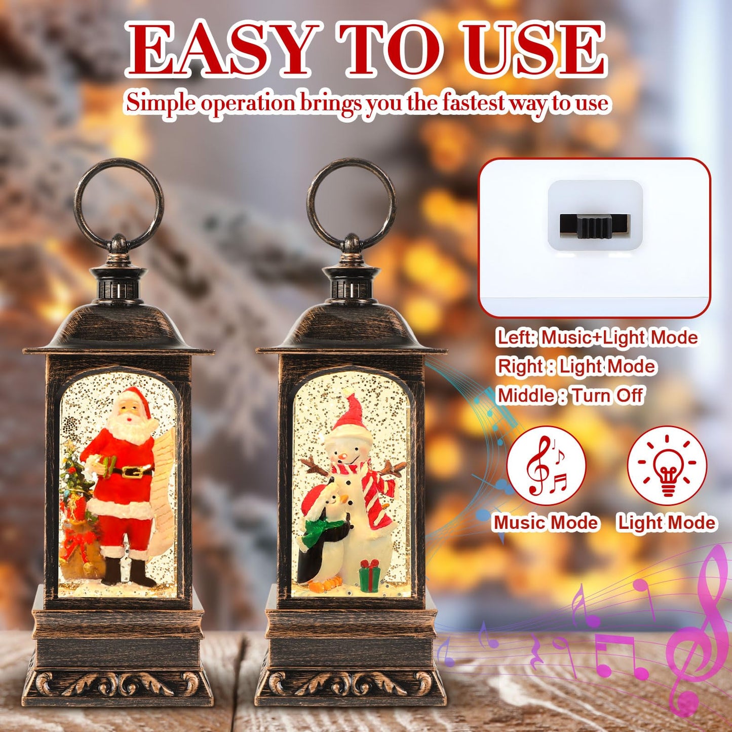 Retisee 2 Pcs Christmas Snow Globe Lanterns, Lighted Musical Snow Globe USB or Battery Powered Glitter Lantern with Music for Christmas Holiday Home Decorations Indoor, 7.9 Inch